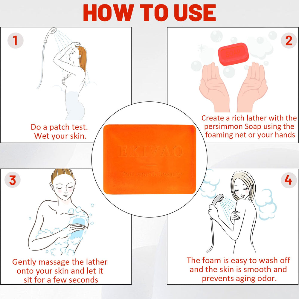 EKIVAO Persimmon Soap Lather Close-up highlights deep cleansing with persimmon extract
