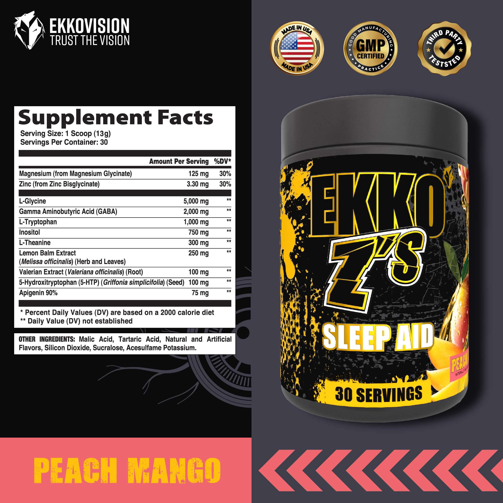 Ingredients include GABA, L-theanine, magnesium bisglycinate and zinc