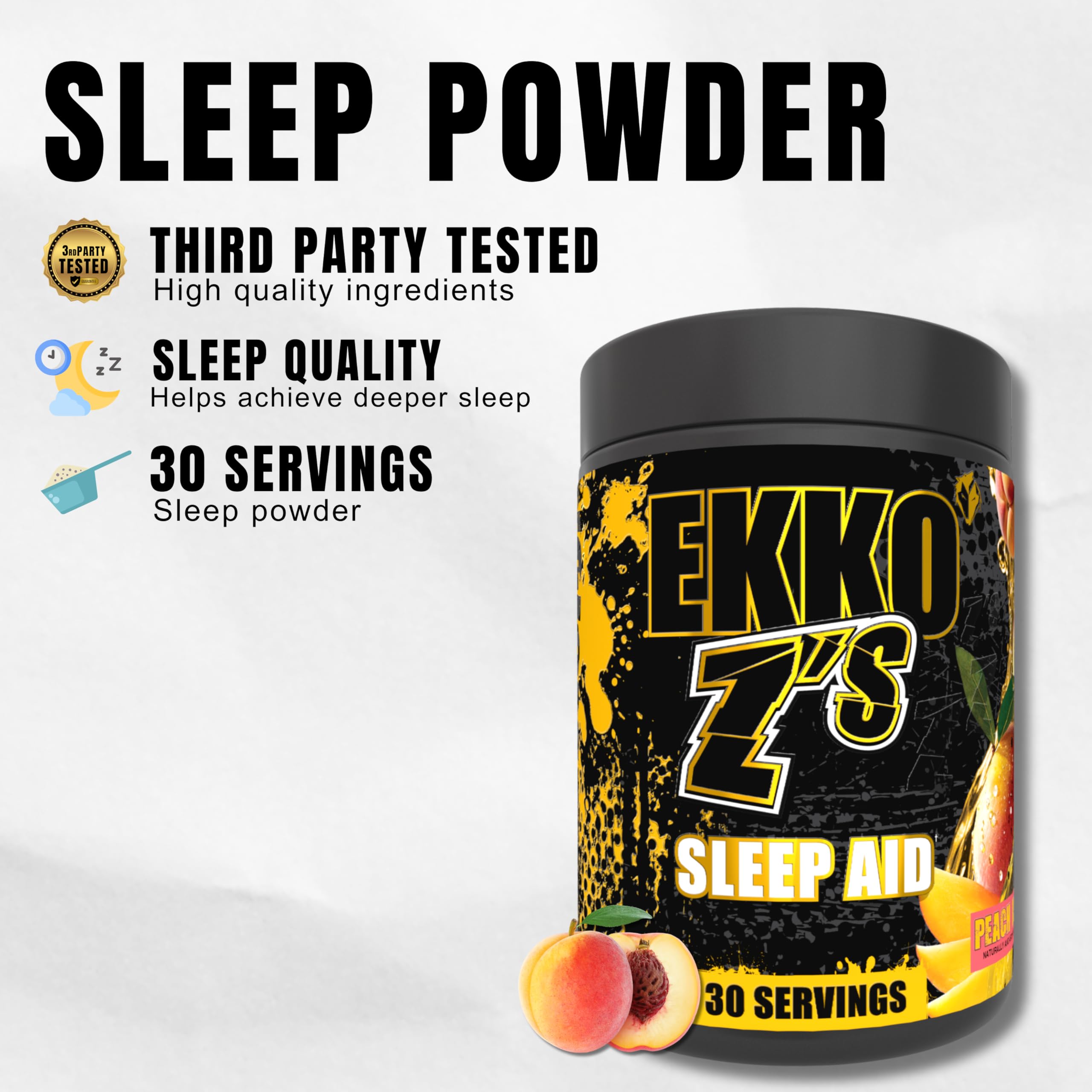 Product packaging and nutrition label for EKKO Z’S Sleep Aid Peach Mango