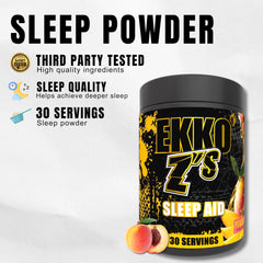Product packaging and nutrition label for EKKO Z’S Sleep Aid Peach Mango