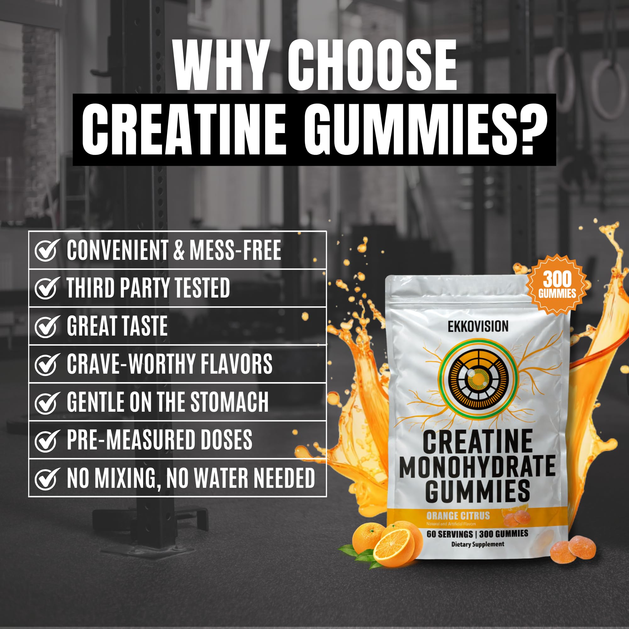 Ekkovision creatine gummies preworkout snack concept in a gym bag