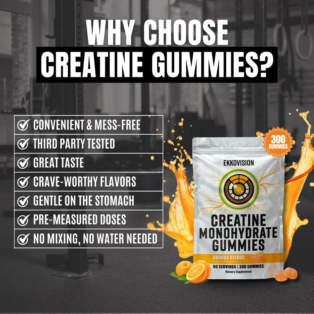 Ekkovision creatine gummies preworkout snack concept in a gym bag