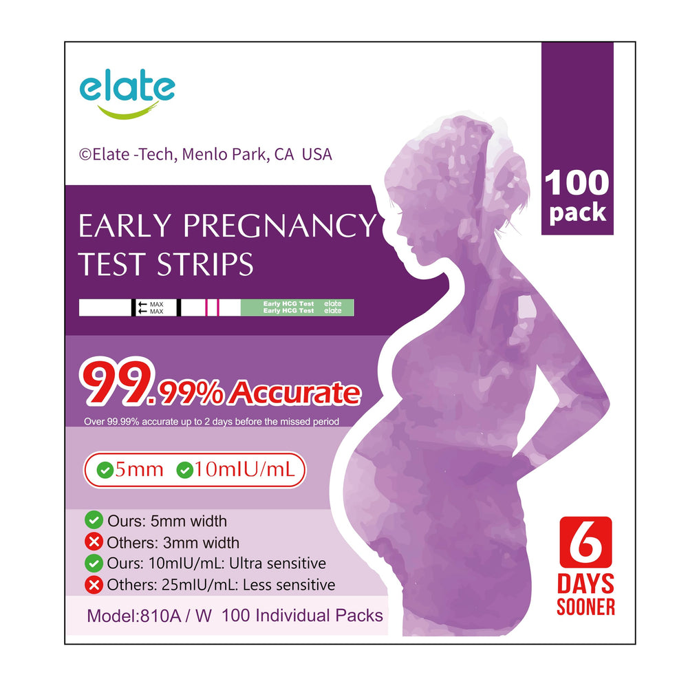 Elate ultra-sensitive pregnancy test strips with 100-count bulk packaging