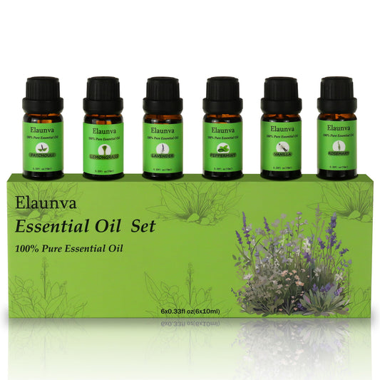 Elaunva Essential Oils Set bottles with Peppermint, Patchouli, Rosemary, Lemongrass, Vanilla, Lavender