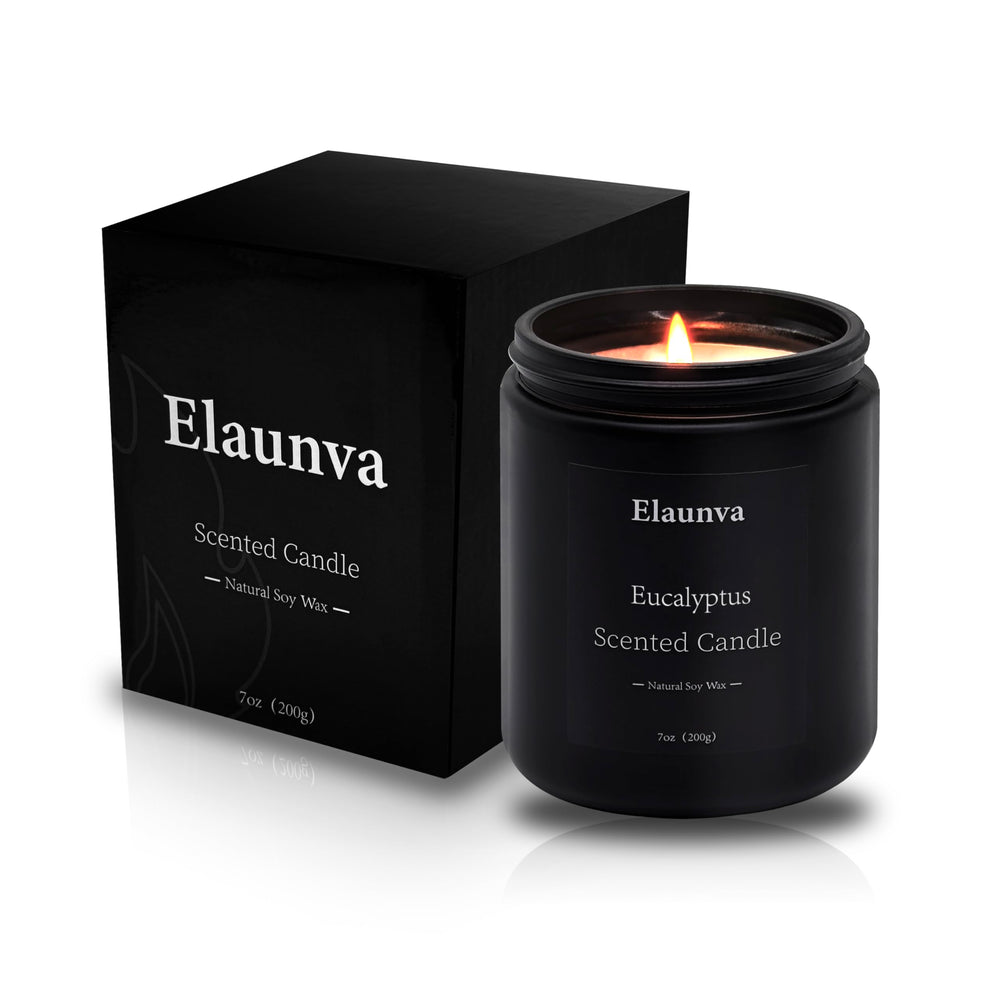 Elaunva Eucalyptus scented candle in black glass jar