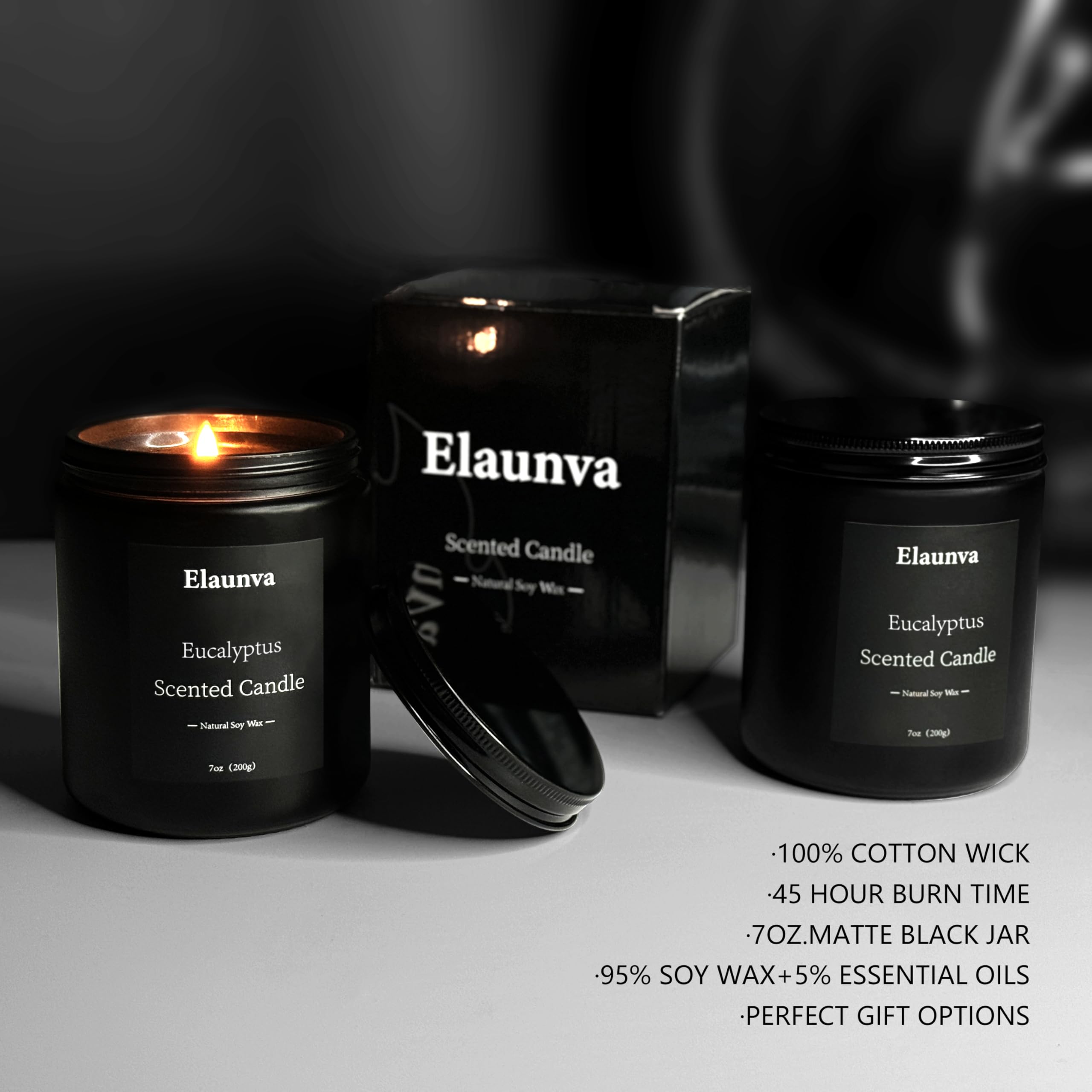 7 oz Elaunva Eucalyptus candle in black glass jar on table
