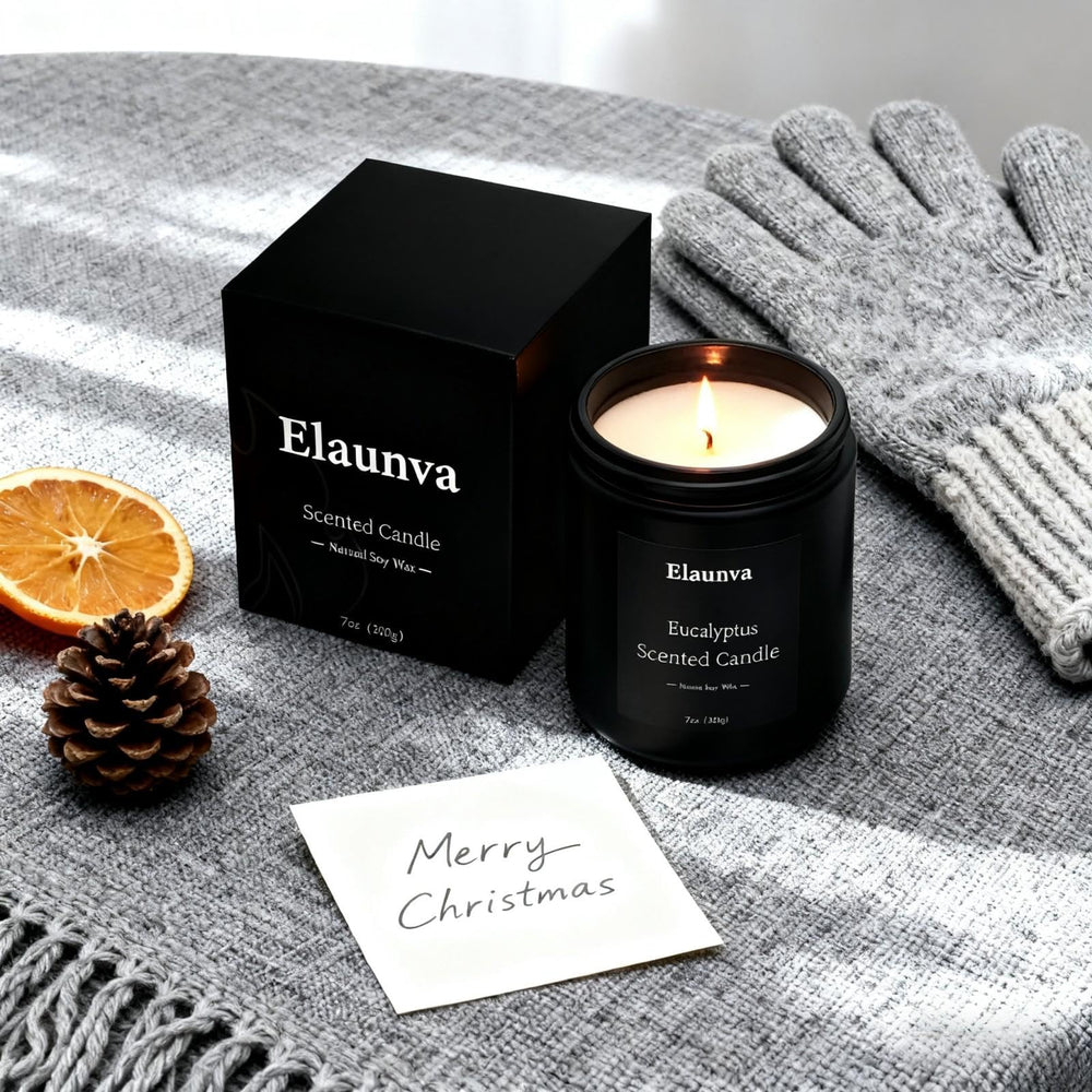 Side view of Elaunva Eucalyptus candle in black glass jar