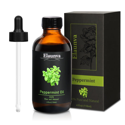Elaunva Peppermint Essential Oil in amber glass bottle, 4 oz (118 ml)