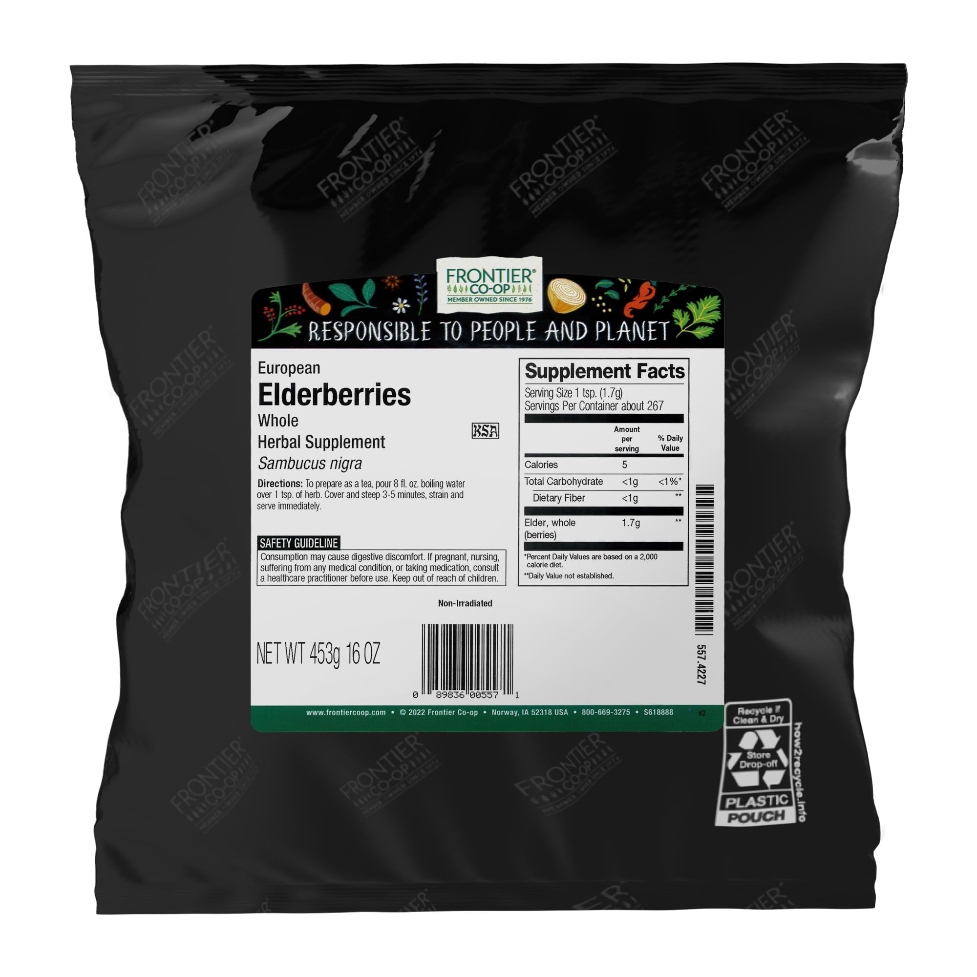 Frontier Co-op dried elderberries in 1lb bulk bag, European whole