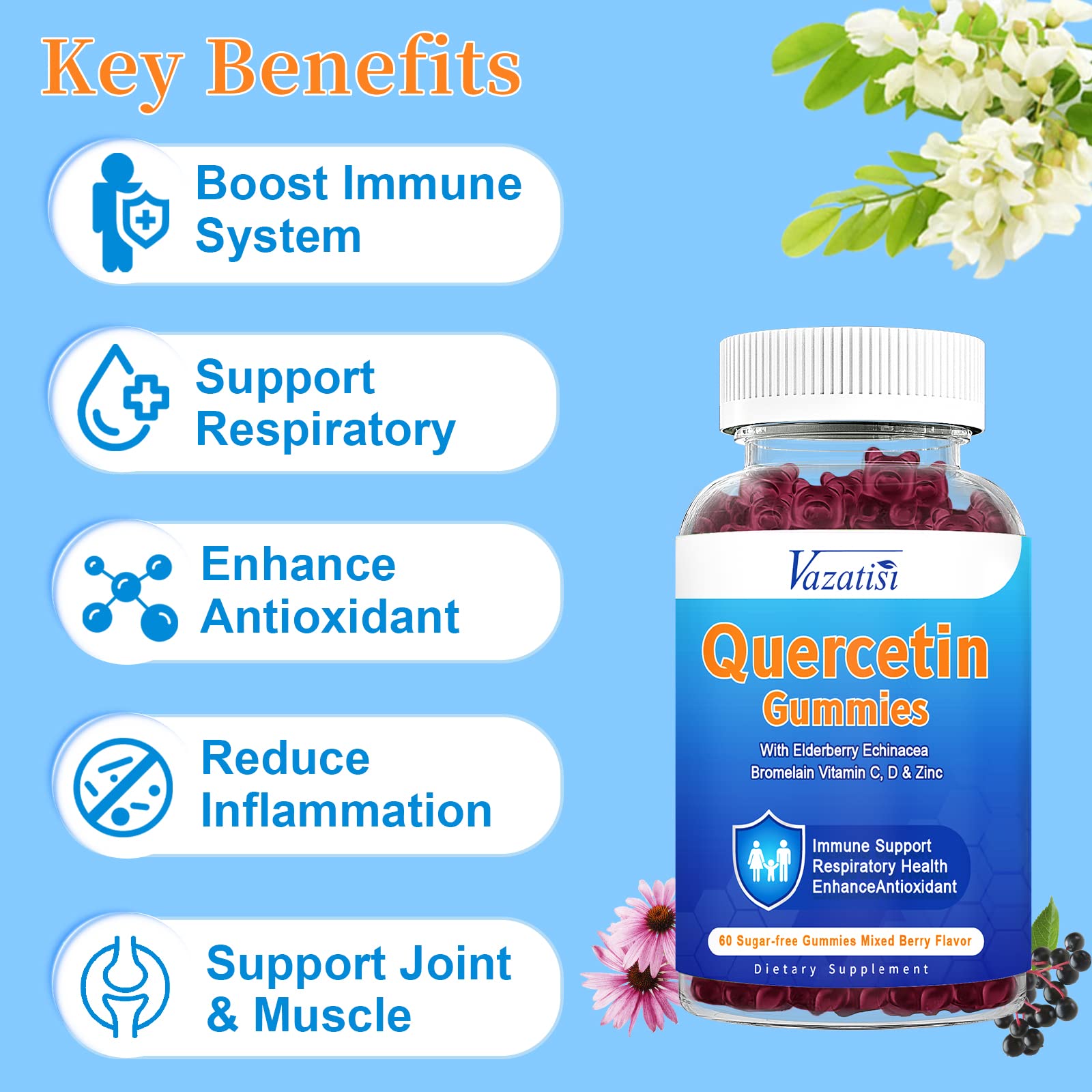 Gummies showing elderberry, bromelain and quercetin components