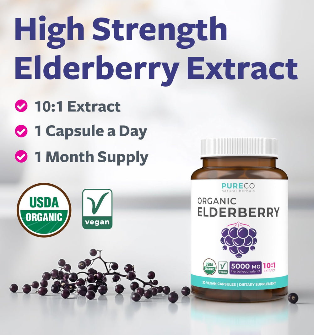 Close-up of elderberry capsule showing 10:1 extract equivalent to 5,000mg