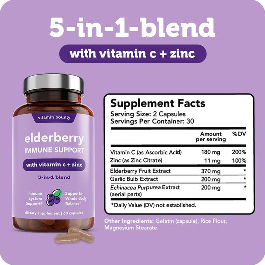 Bottle of elderberry capsules with label showing Sambucus and Vitamin C & Zinc