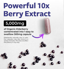Close-up of elderberry capsules and ingredient label