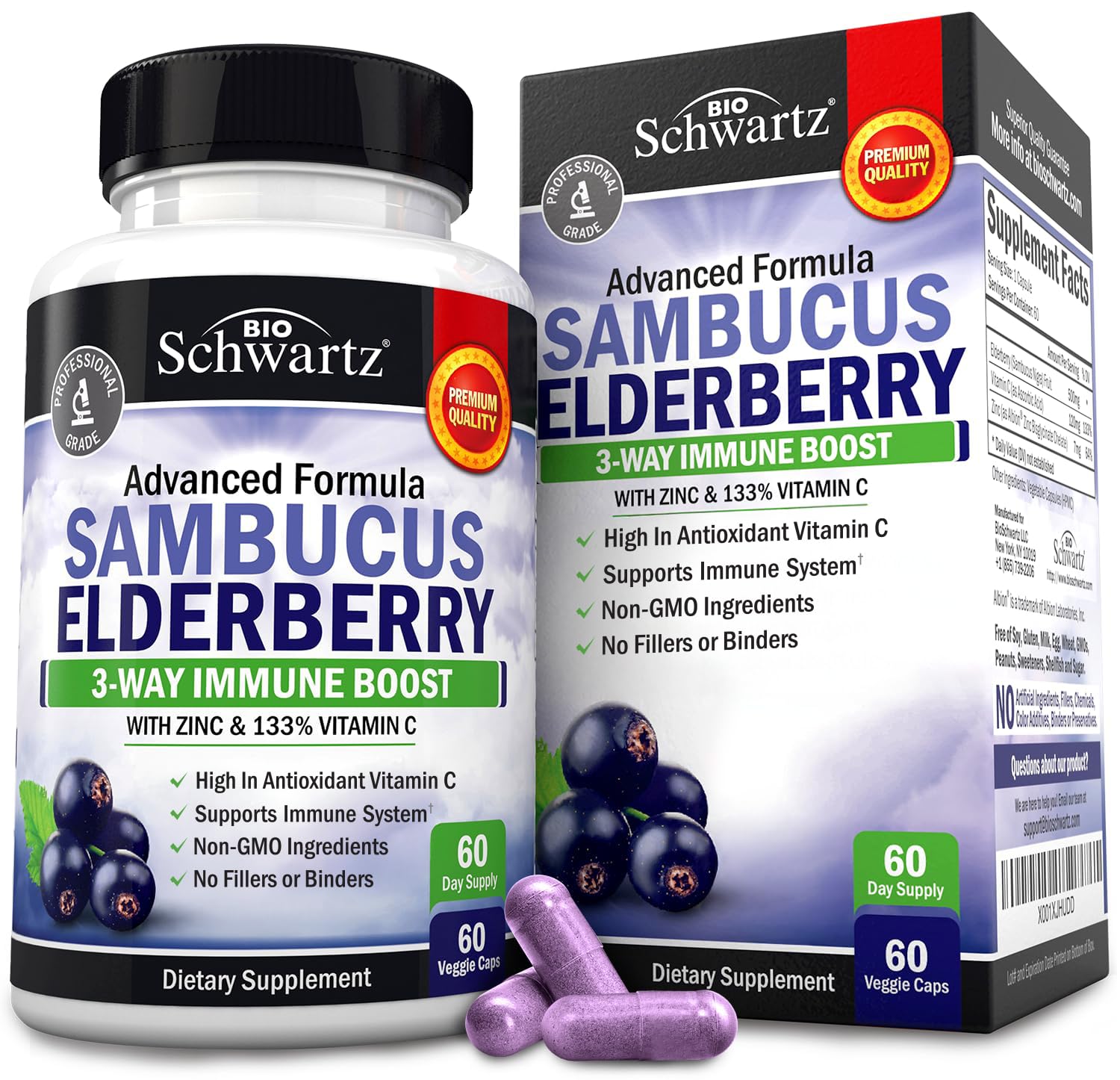 Bottled elderberry capsules with zinc and vitamin C – 60 count