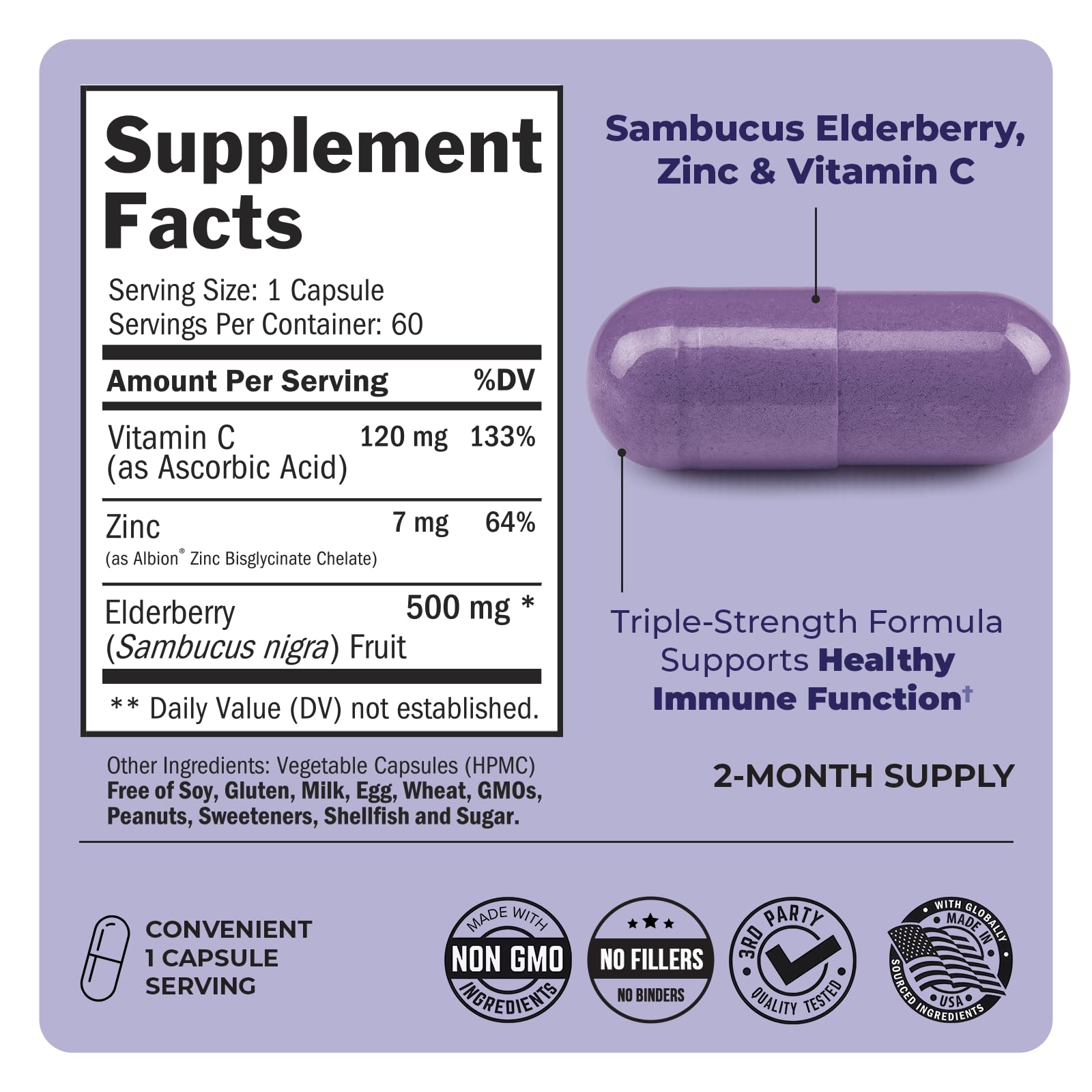 Product packaging showing 60-count elderberry capsules