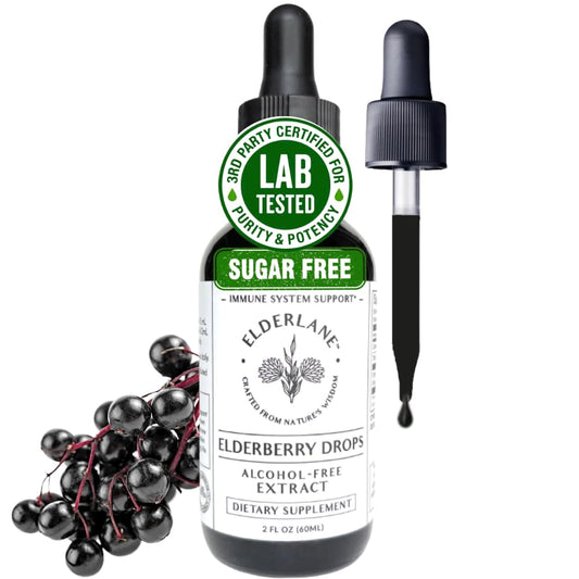 Front view of Elderlane Elderberry Drops bottle