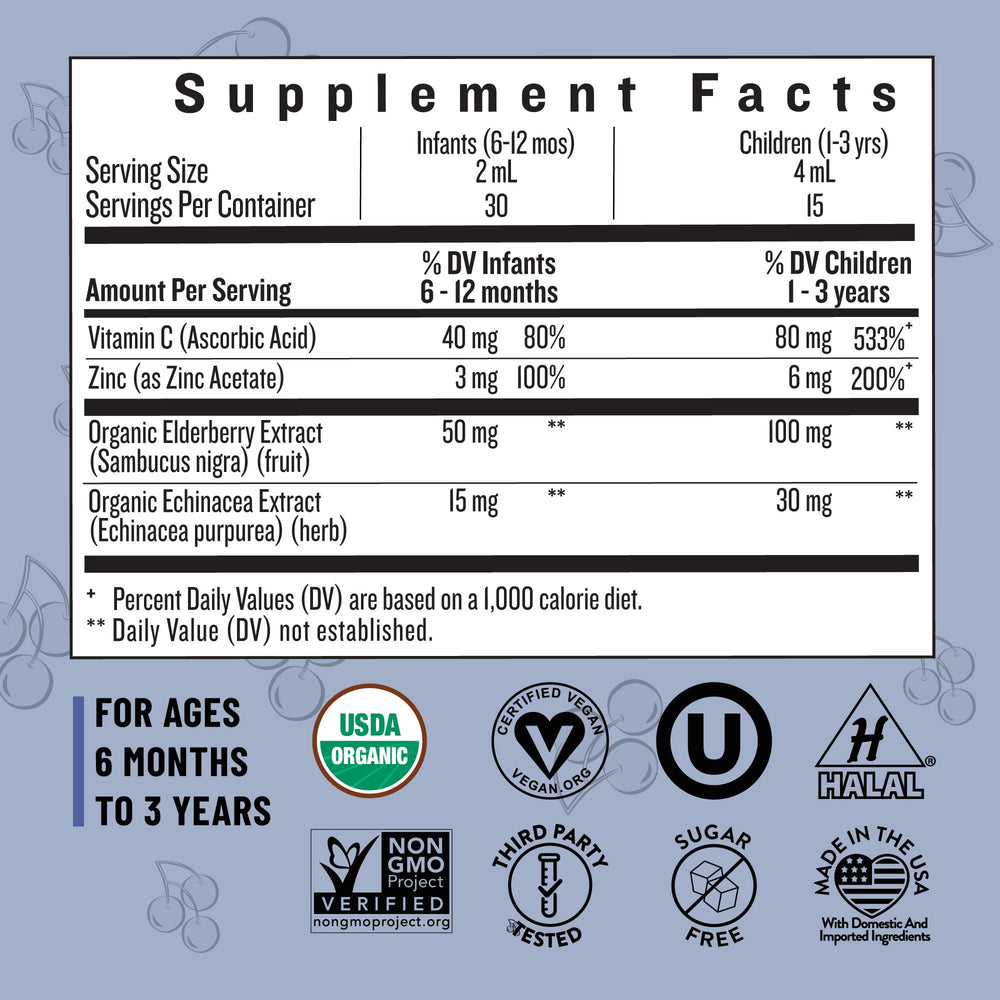 Ingredients label highlighting elderberry, Vitamin C, Zinc, and Echinacea