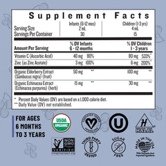 Ingredients label highlighting elderberry, Vitamin C, Zinc, and Echinacea