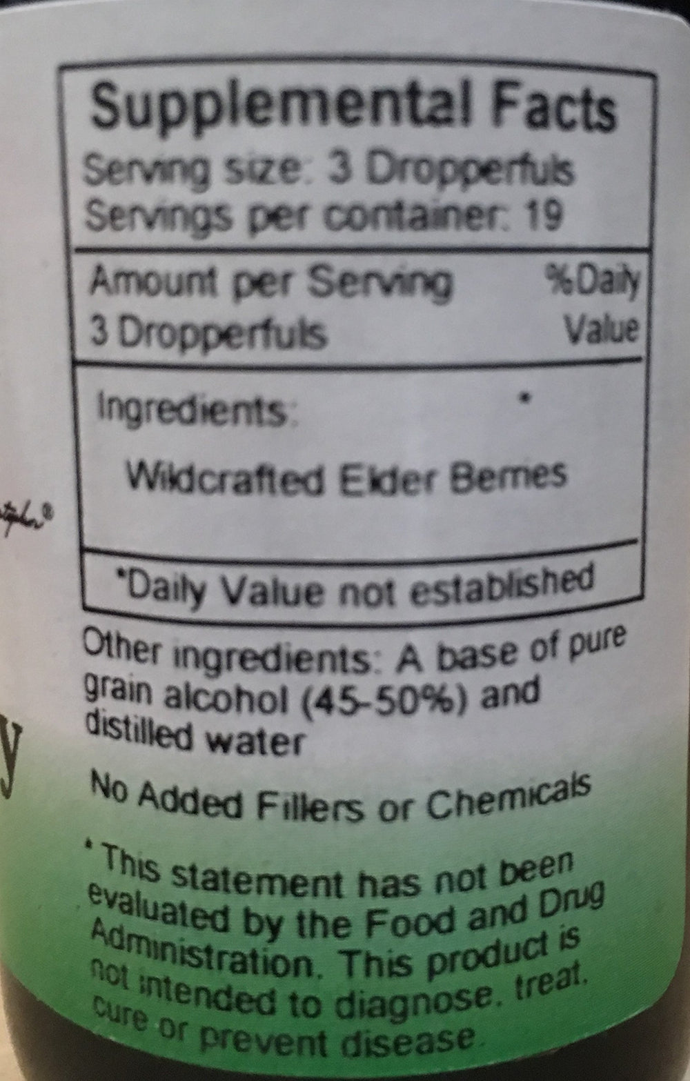 Ingredients label for Dr. Christopher Elderberry Extract 2 oz