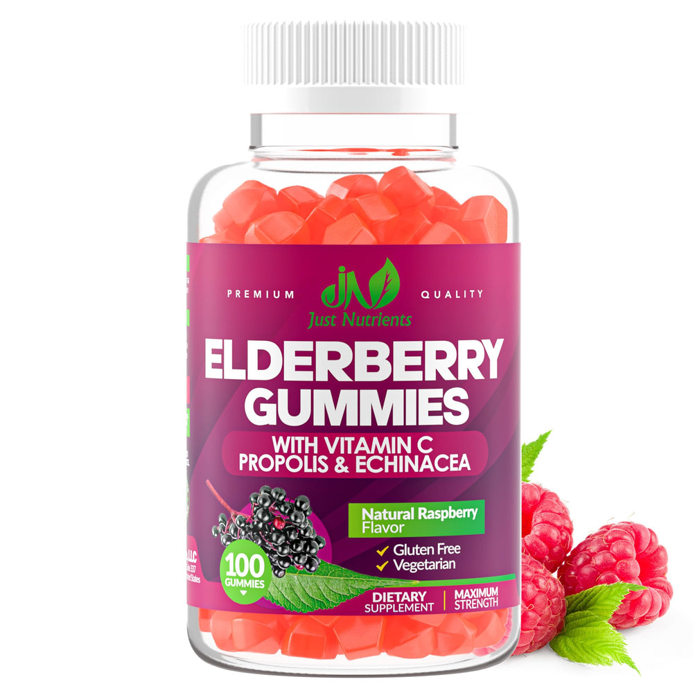 Front view of 100-count Elderberry Gummies bottle in Raspberry flavor