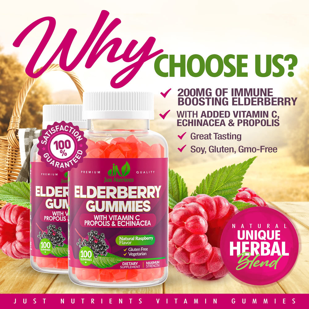 Bottle label highlighting elderberry, vitamin C, echinacea and propolis