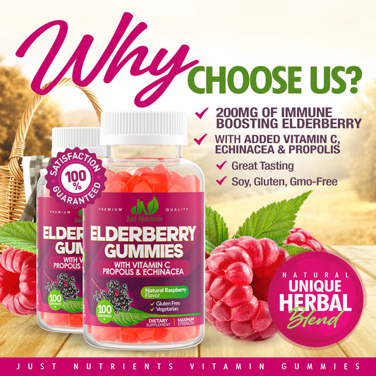 Bottle label highlighting elderberry, vitamin C, echinacea and propolis