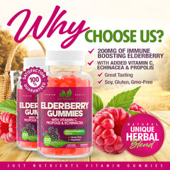 Bottle label highlighting elderberry, vitamin C, echinacea and propolis
