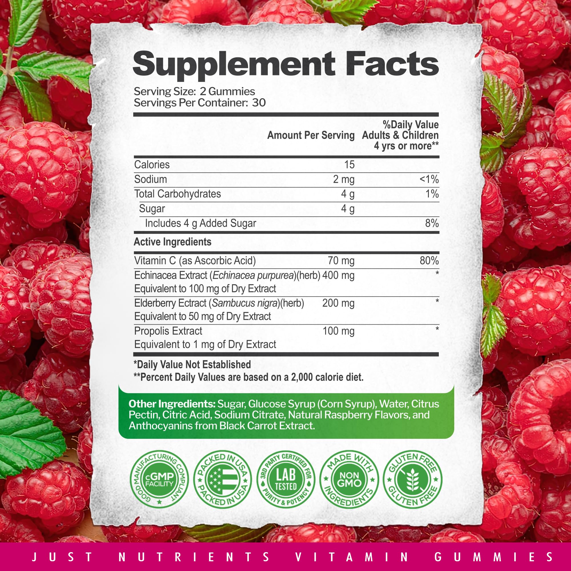 Family-friendly elderberry gummies product display with raspberry flavor