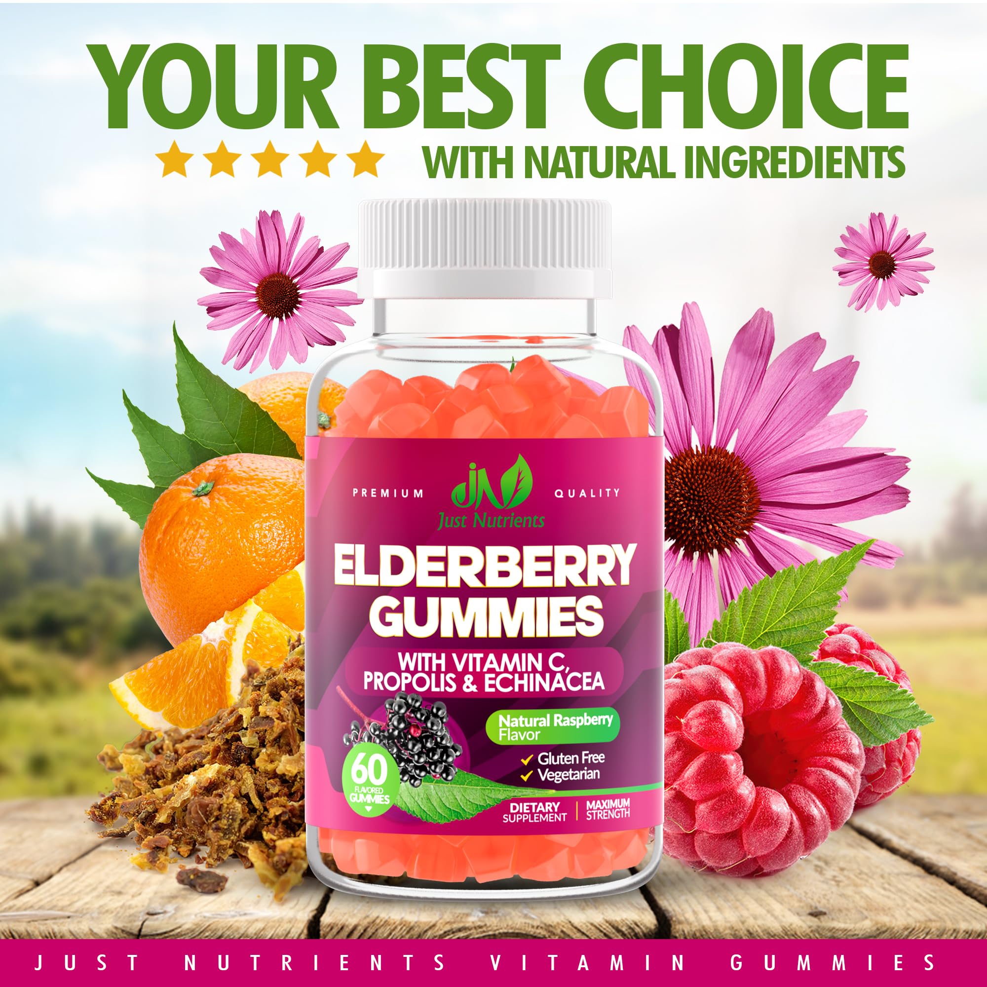 Gluten-free and vegan symbols on elderberry gummies packaging
