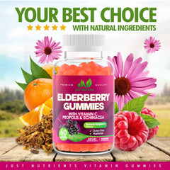 Gluten-free and vegan symbols on elderberry gummies packaging