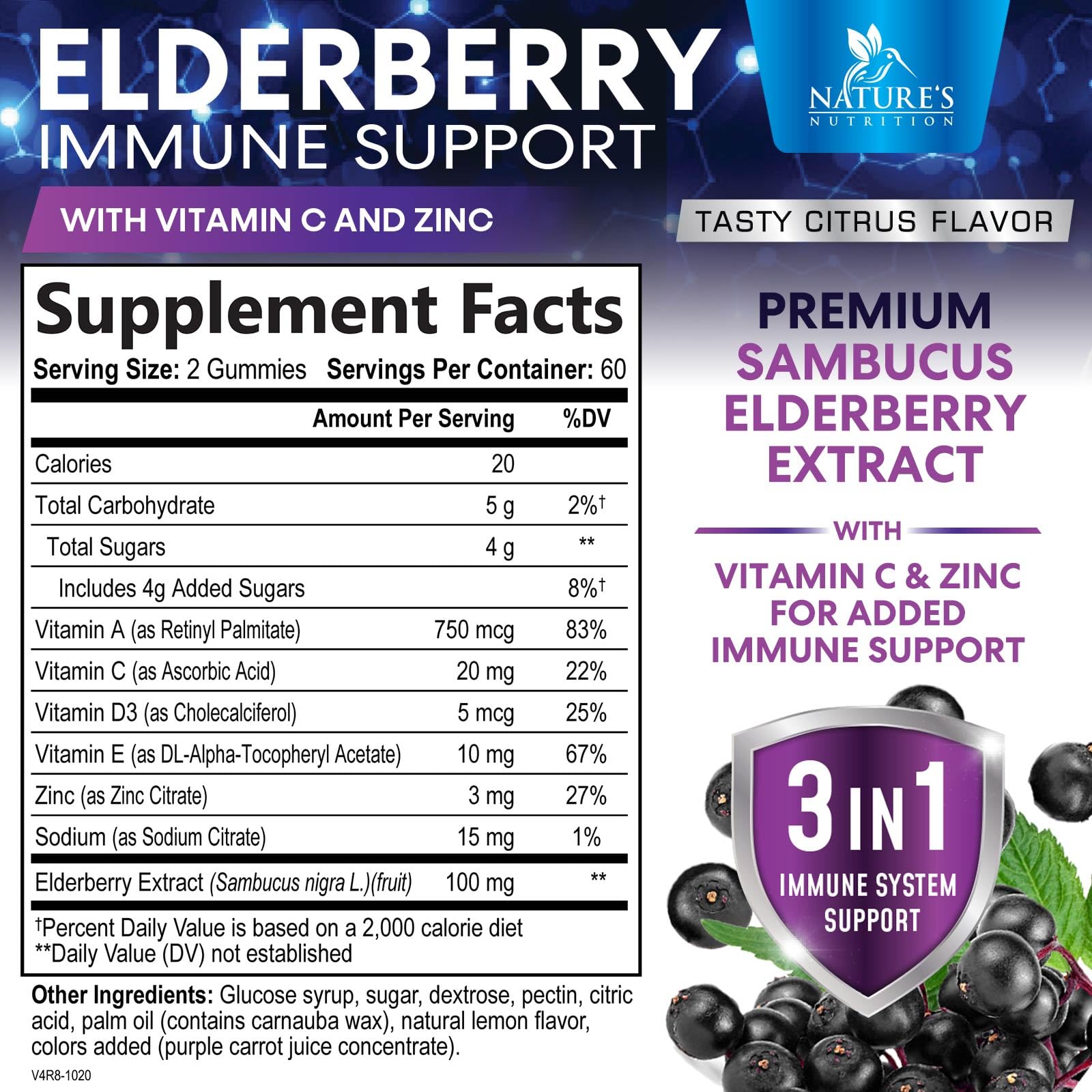 Box and bottle showing immune-support elderberry gummies packaging