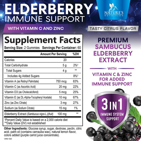 Box and bottle showing immune-support elderberry gummies packaging