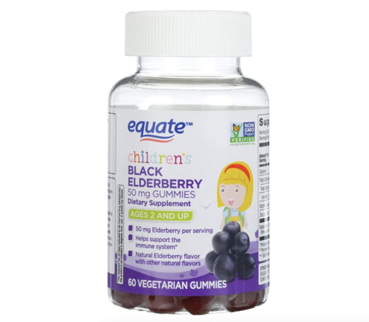 Bottle of Elderberry Gummies for Kids (2+ years) - 50 mg / 60 count from Equate with Bonus Elder Berry Guide to Health