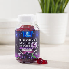 Nutrition facts panel on elderberry gummies packaging