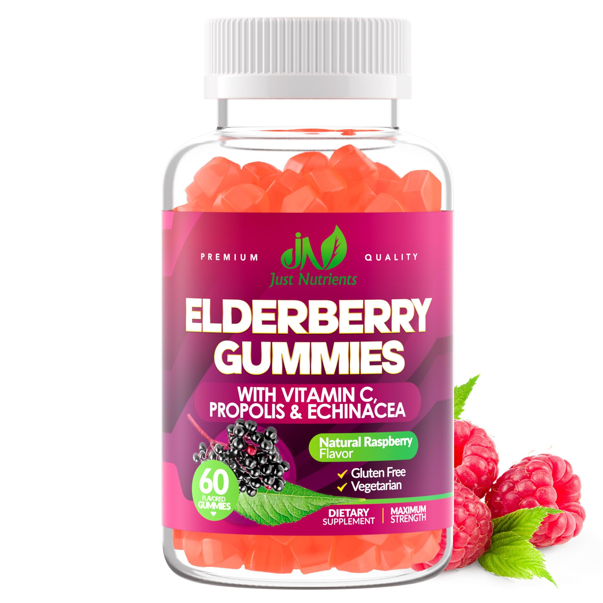 60-count elderberry gummies bottle with raspberry flavor