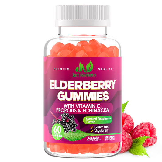 60-count elderberry gummies bottle with raspberry flavor