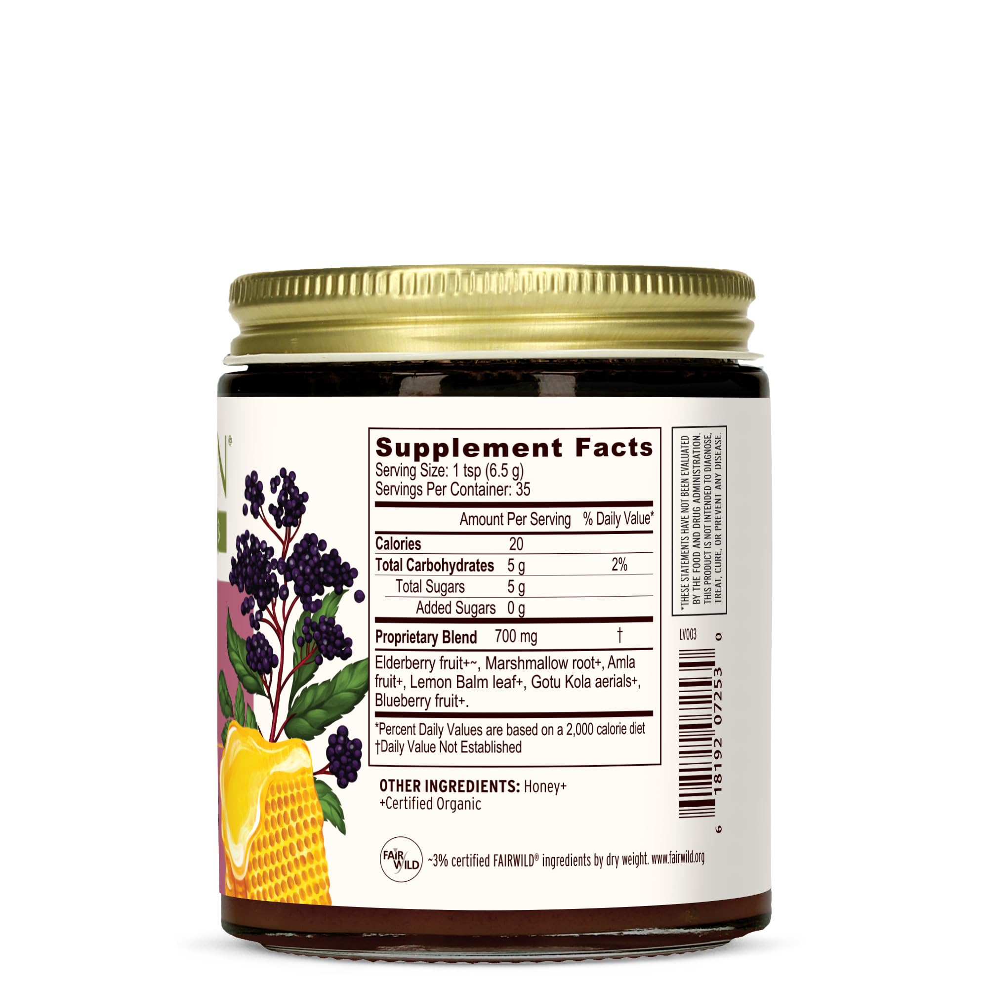 Ingredients close-up: elderberry, amla, marshmallow root