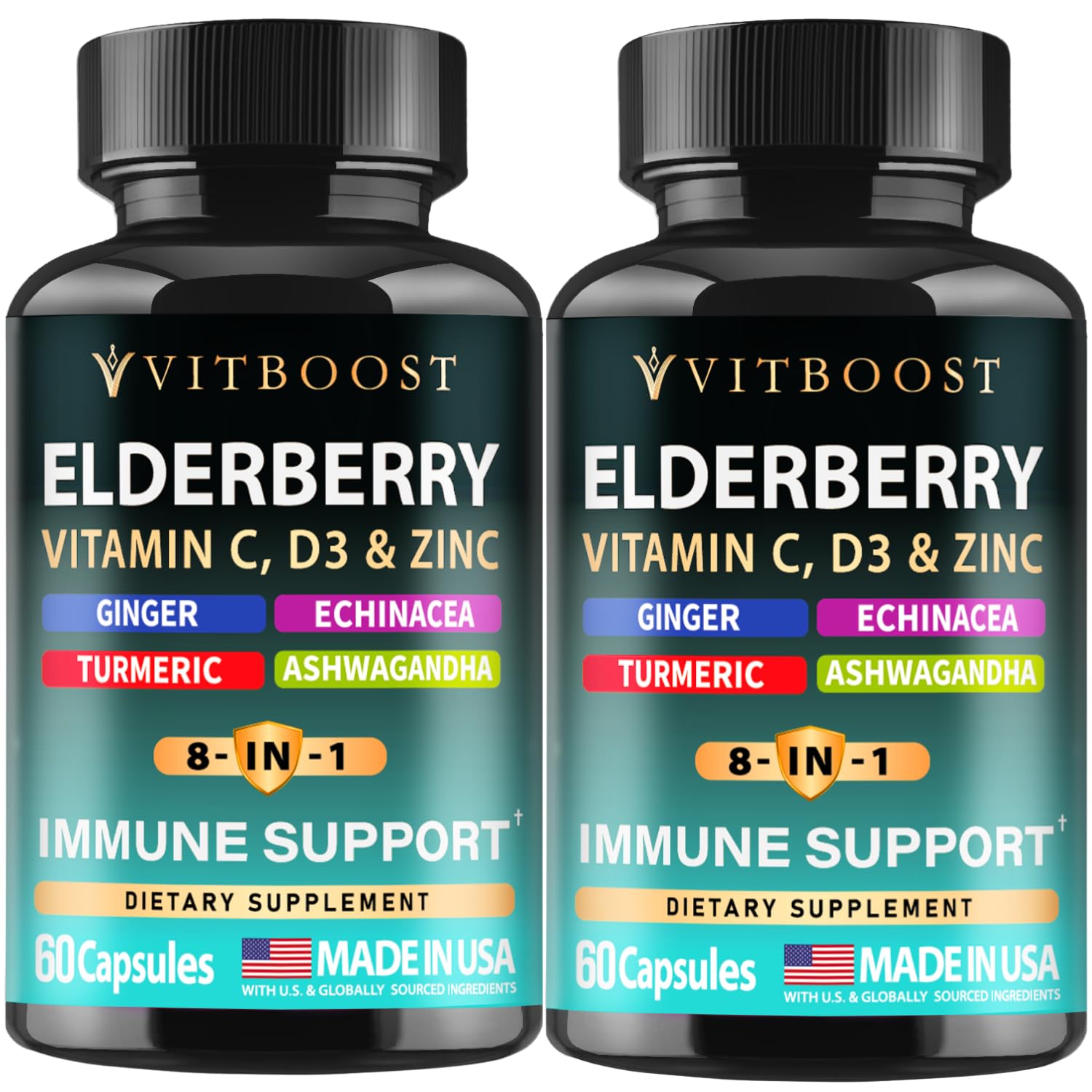 Front label of Elderberry Immune Support 8-in-1 2-pack bottle