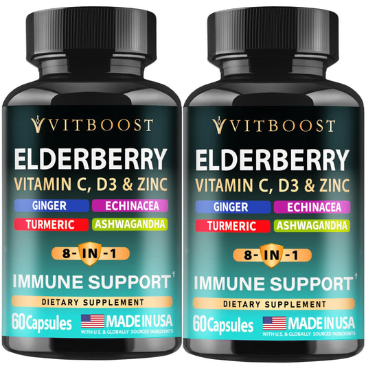 Front label of Elderberry Immune Support 8-in-1 2-pack bottle
