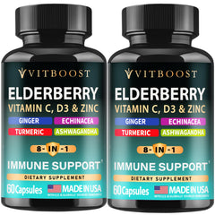 Front label of Elderberry Immune Support 8-in-1 2-pack bottle