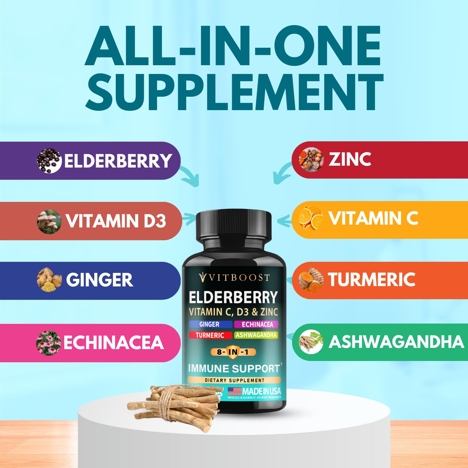 60-capsule bottle of Elderberry Immune Support 8-in-1
