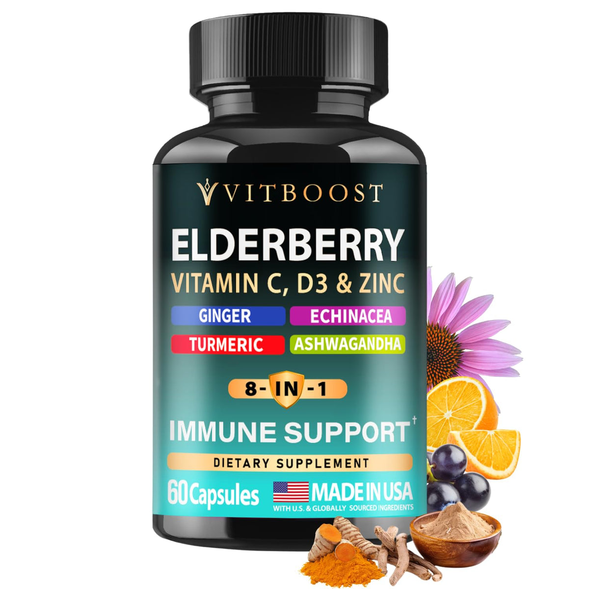Front view of Elderberry Immune Support 60-cap bottle