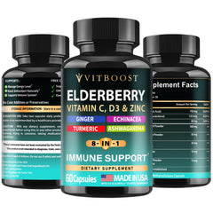 Packaging with Elderberry Immune Support capsules spilled around the bottle