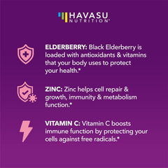 Zinc and Vitamin C icons with elderberry gummy imagery for kids