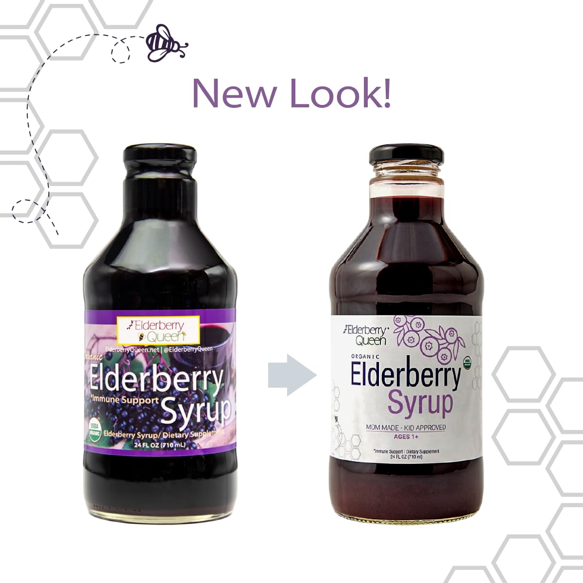 Elderberry Queen 24oz bottle with label highlighting purity and flavor.