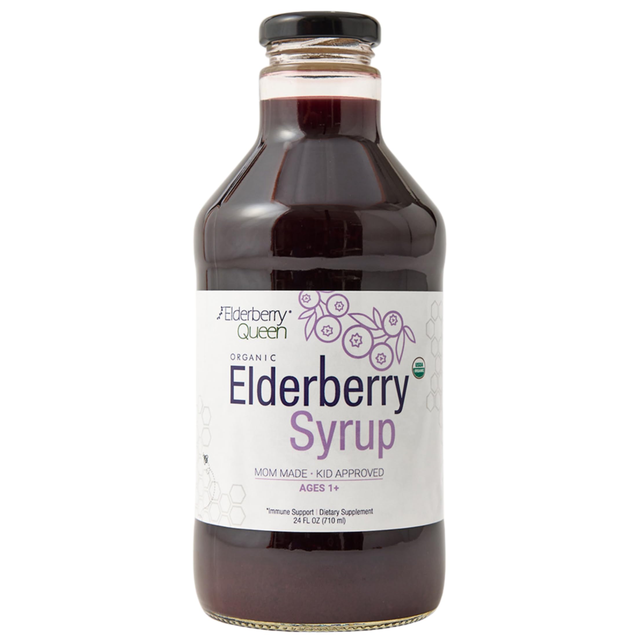 Front label of Elderberry Queen Organic Elderberry Syrup 24oz