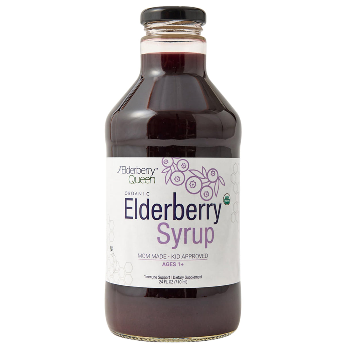 Front label of Elderberry Queen Organic Elderberry Syrup 24oz