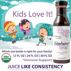 Kid-friendly texture and color of Elderberry Queen Syrup