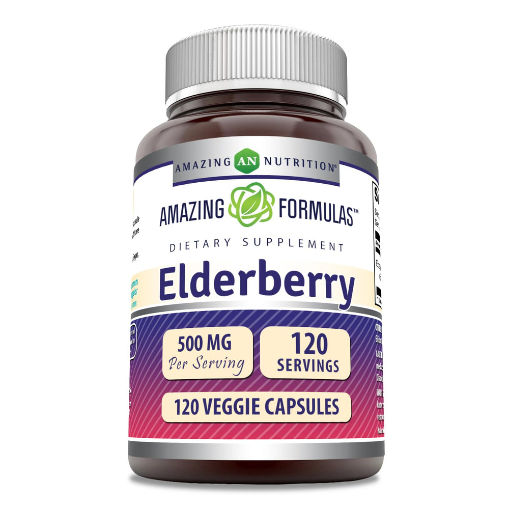 Bottle of Amazing Formulas Elderberry Supplement on a white background