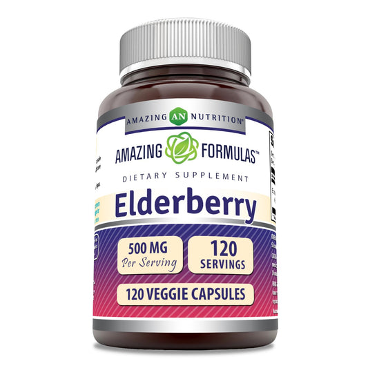 Bottle of Amazing Formulas Elderberry Supplement on a white background